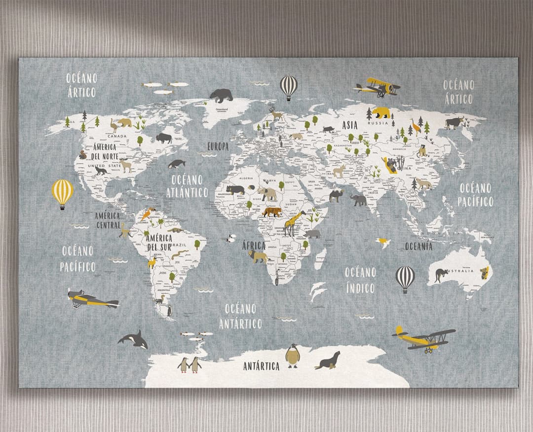 Cuadro Mapa Animales Azul horizontal - 220x145 cm / Lona tensada con bastidor