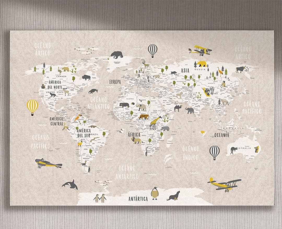 Cuadro Mapa Animales Beige horizontal - 180x120 cm / Lona tensada con bastidor + marco color mañío