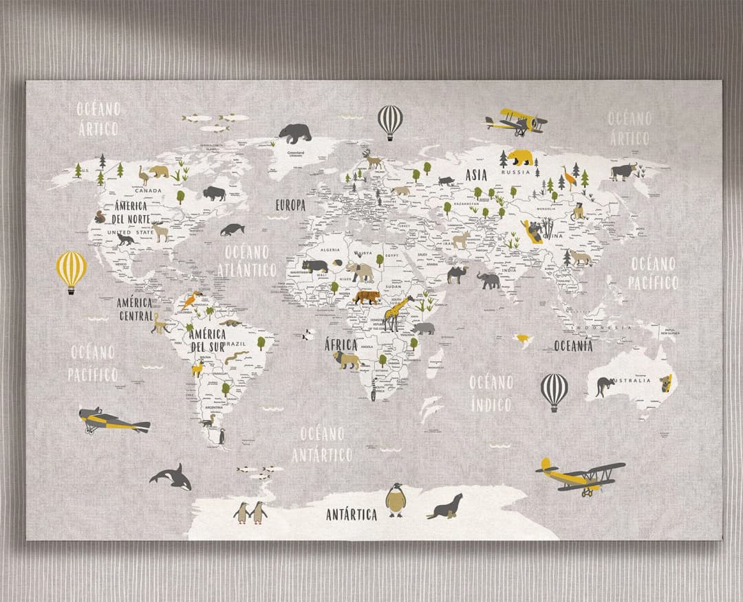 Cuadro Mapa Animales Gris horizontal - 120x75 cm / Lona tensada con bastidor + marco color mañío