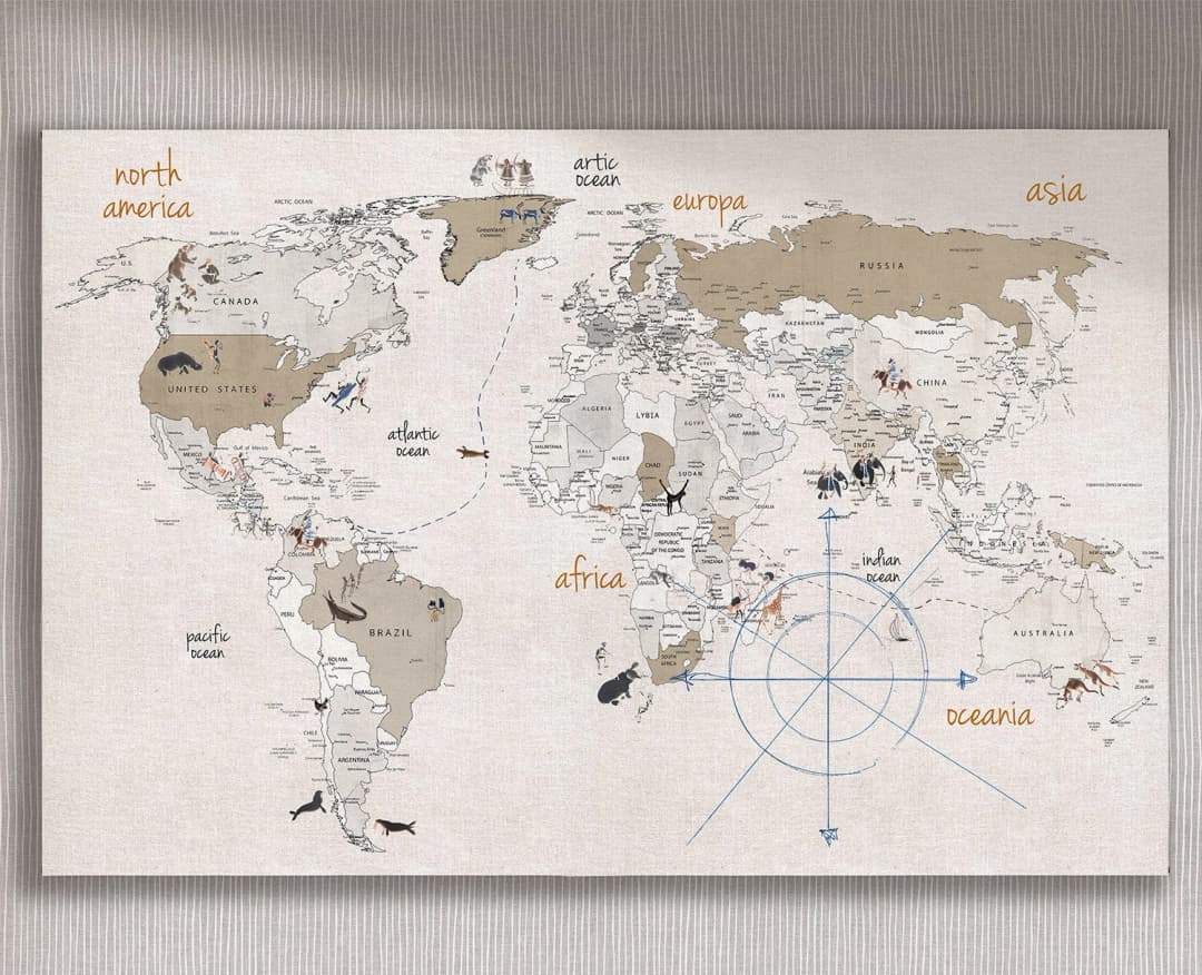 Cuadro Mapa Tribu horizontal - 140x90 cm / Lona tensada con bastidor + marco color mañío