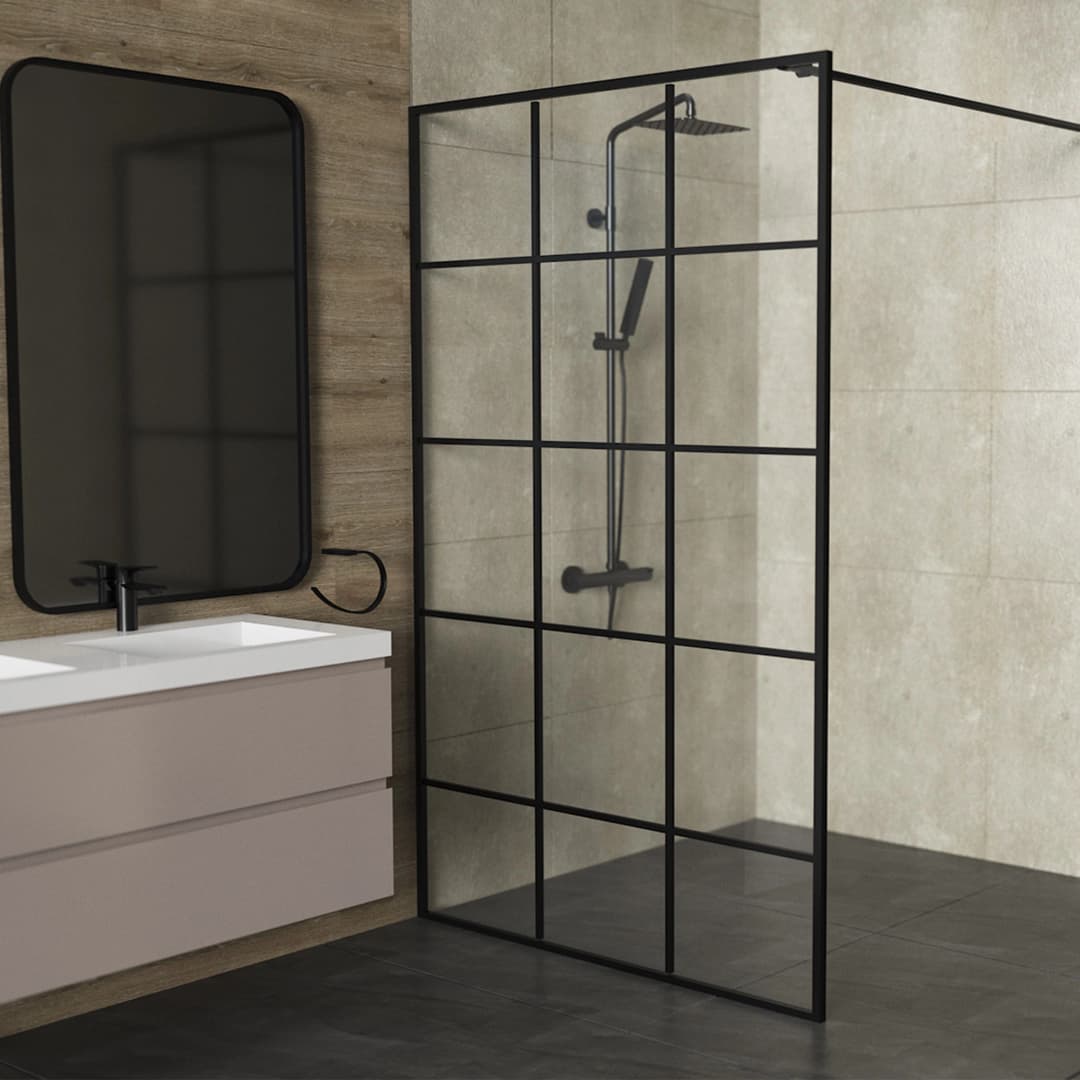 Mampara Ducha Grid Fija Vidrio Templado Negro Mate 1200x1980 mm