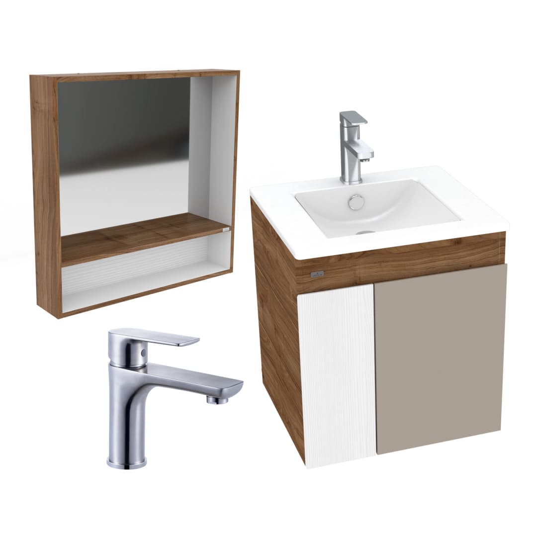 Pack Mueble de Baño Kyle con Lavamanos 500 mm + Espejo Repisa Kyle + Grifería City Brushed