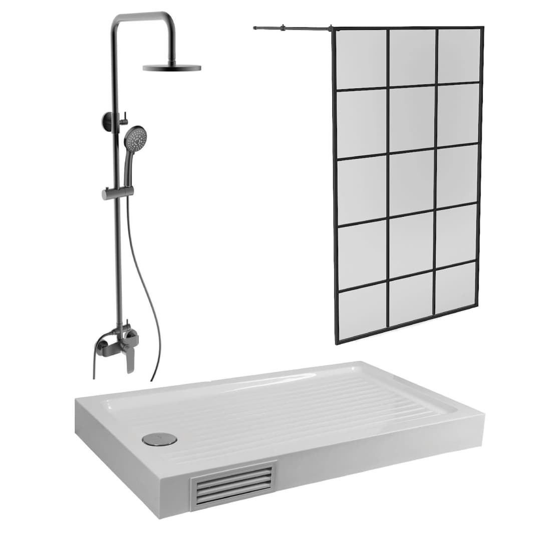Mampara Grid Negro Mate + Receptáculo Zen + Grifería Urban Negro Mate