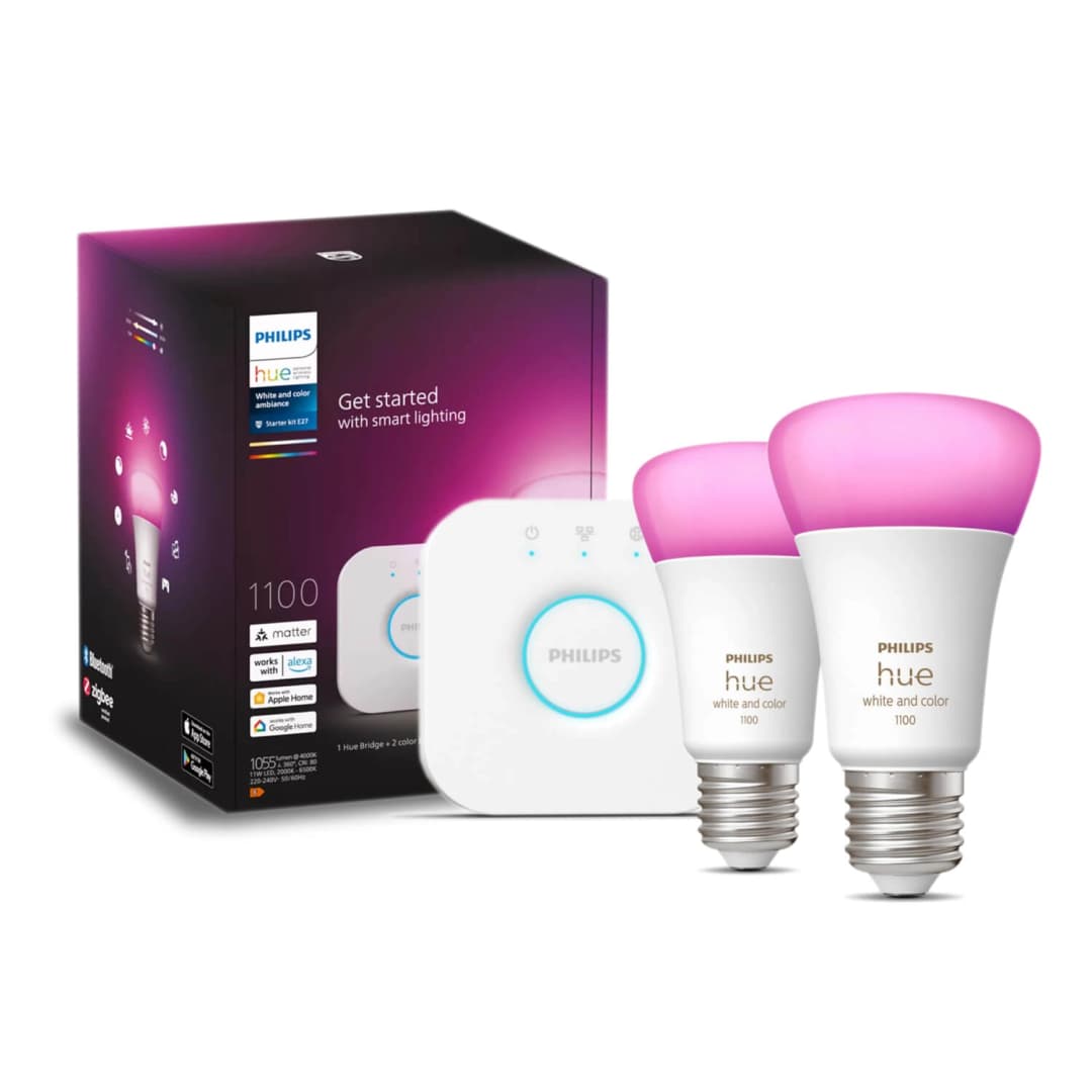 KIT 2 AMPOLLETAS INTELIGENTES E27 PHILIPS HUE 9W LUZ RGB Y CÁLIDA (2000K) A FRÍA (6000K) + BRIGDE BLANCO (929002468810)